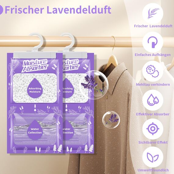 Boadw 10x230G Hänge Luftentfeuchter mit Duft, Kleiderschrank Feuchtigkeitsabsorber für Keller, Schlafzimmer, Waschräume, gegen Feuchtigkeit Anti-Schimmel Desodorierende Trockenmittel-Tasche –Lavendel
