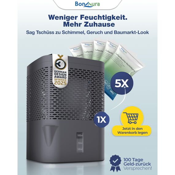 BonAura® Luftentfeuchter ohne Strom bis 23m² I 360° Belüftung I Raumentfeuchter mit Ausgießer & 5 x 680g Luftentfeuchter Granulat I Schimmel- und Geruchsschutz I Raum Entfeuchter Wohnung