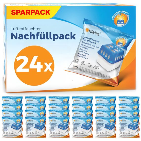 Idelia® 24x Luftentfeuchter Granulat 400g (XXL Sparvorteils 24er Set Luftentfeuchter Nachfüllpack's) I Entfeuchter Nachfüllpack (Schimmel- und Geruchsschutz)