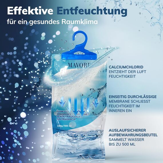 MAVORI 10er Set XL Luftentfeuchter zum Aufhängen I Luftentfeuchter Beutel I Entfeuchter Schrank und Feuchtigkeitsabsorber für Räume gegen Feuchtigkeit, Schimmel und Gerüche I bis zu 500ml je Beutel