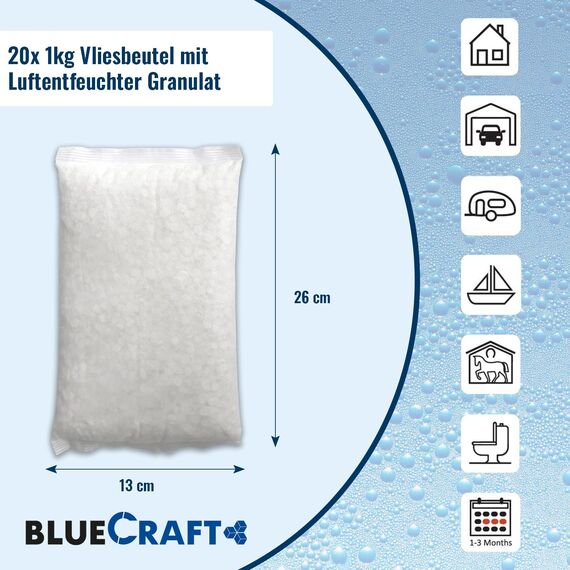 Bluecraft 20x 1kg Luft-Entfeuchter Granulat Nachfüllpack im Vliesbeutel Calciumchlorid Raumentfeuchter ohne Strom Feuchtigkeitskiller Entfeuchter Wohnung Keller Schrank Schlafzimmer anti Schimmel