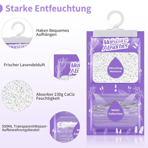 Boadw 10x230G Hänge Luftentfeuchter mit Duft, Kleiderschrank Feuchtigkeitsabsorber für Keller, Schlafzimmer, Waschräume, gegen Feuchtigkeit Anti-Schimmel Desodorierende Trockenmittel-Tasche –Lavendel