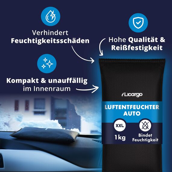 LICARGO Luftentfeuchter Auto 1 kg - Beschlagfreie Scheiben & klare Sicht - Auto Entfeuchter extra stark mit Naturgranulat, wiederverwendbar - gegen Feuchtigkeit & Schimmel im Autoinnenraum