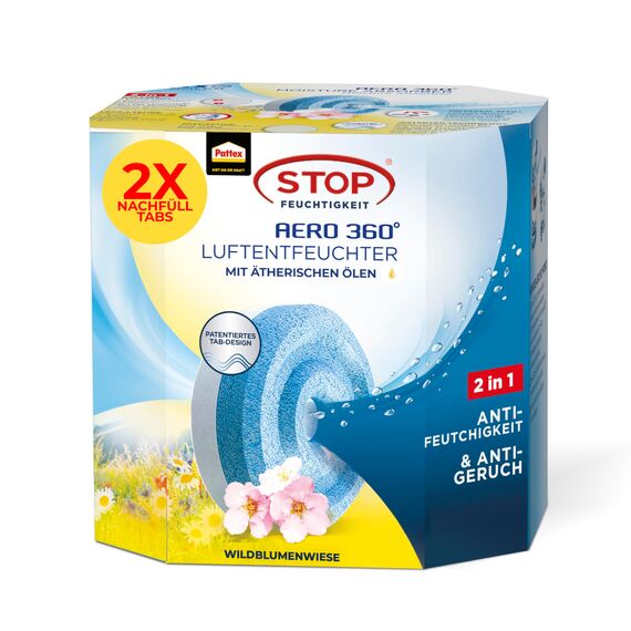Pattex AERO 360° Wildblumenwiese Tabs Nachfüllpack, reduzieren Feuchtigkeit und schlechte Gerüche, Nachfülltabs für den Luftentfeuchter AERO 360°, 2er-Pack (2x450g)
