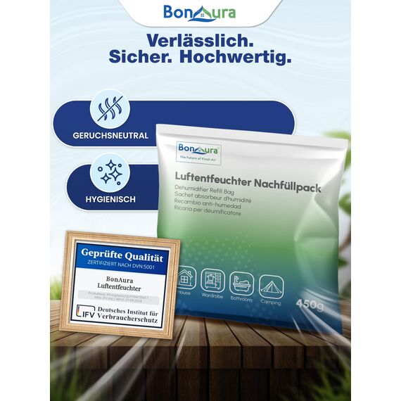 BonAura® Luftentfeuchter Nachfüllpack 6x 450g - Sparset Luftentfeuchter Granulat - 6er Set Entfeuchter Granulat - Schimmel- und Geruchsschutz