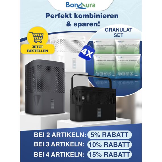 BonAura® AirOne Lite Luftentfeuchter ohne Strom bis 33m² I 360° Belüftung I Raumentfeuchter mit Ausgießer & 5 x 450g Luftentfeuchter Granulat I Schimmel- und Geruchsschutz I Raum Entfeuchter Keller
