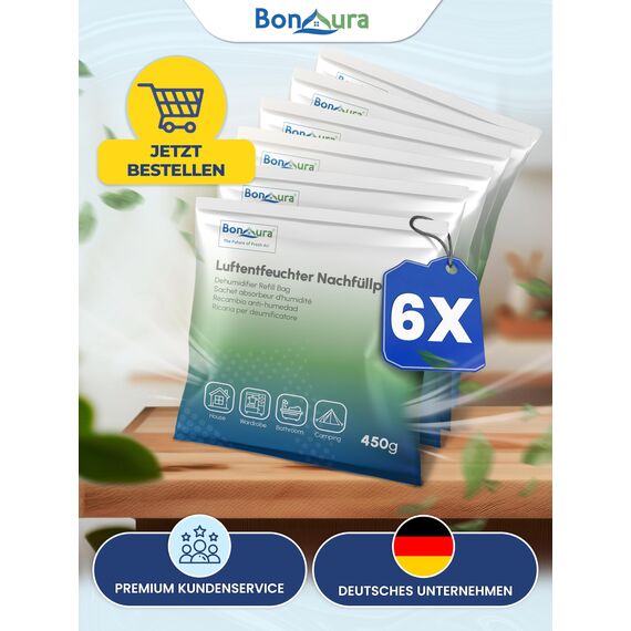 BonAura® Luftentfeuchter Nachfüllpack 6x 450g - Sparset Luftentfeuchter Granulat - 6er Set Entfeuchter Granulat - Schimmel- und Geruchsschutz