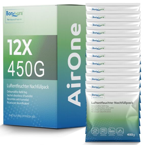 BonAura® Luftentfeuchter Nachfüllpack 12x 450g - Sparset Luftentfeuchter Granulat - 12er Set Entfeuchter Granulat - Schimmel- und Geruchsschutz