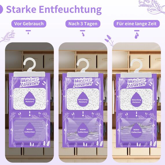 Boadw 10x230G Hänge Luftentfeuchter mit Duft, Kleiderschrank Feuchtigkeitsabsorber für Keller, Schlafzimmer, Waschräume, gegen Feuchtigkeit Anti-Schimmel Desodorierende Trockenmittel-Tasche –Lavendel