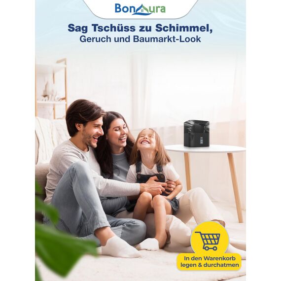BonAura® Luftentfeuchter ohne Strom - Raumentfeuchter für Keller, Bad uvm. - 450g Luftenfeuchter Nachfüllpack inklusive - Entfeuchter und Luftentfeuchter Granulat im Set - Schutz vor Schimmel