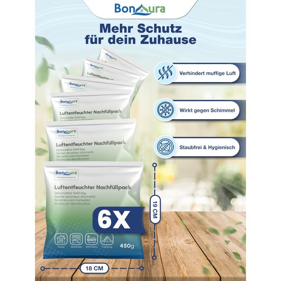 BonAura® Luftentfeuchter Nachfüllpack 6x 450g - Sparset Luftentfeuchter Granulat - 6er Set Entfeuchter Granulat - Schimmel- und Geruchsschutz