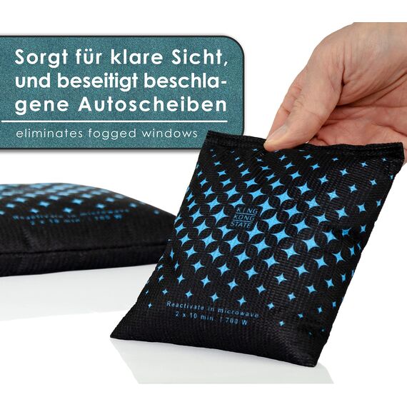King Kong State Luftentfeuchter für Autos - 2x 500g Entfeuchter-Kissen für beschlagene Autoscheiben - mit wiederverwendbarer Antibeschlag-Füllung