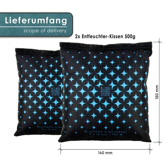 King Kong State Luftentfeuchter für Autos - 2x 500g Entfeuchter-Kissen für beschlagene Autoscheiben - mit wiederverwendbarer Antibeschlag-Füllung