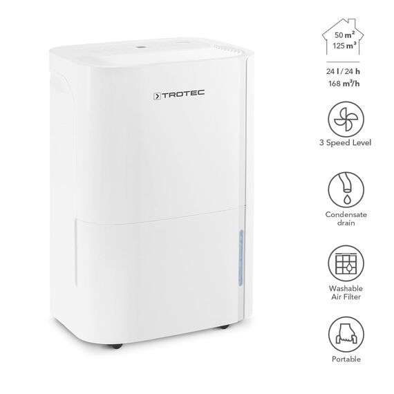 TROTEC Luftentfeuchter elektrisch TTK 66 E – Leistung 24 L/Tag – Fläche 50 m² / 125 m³ – mit Autoabschaltung – für Wohnung und Schlafzimmer