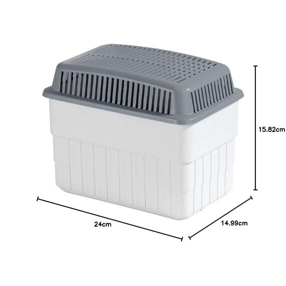 WENKO Feuchtigkeitskiller mit 2 x 1 kg Granulatblock, Raumentfeuchter, fasst bis zu 1,4 Liter Feuchtigkeit, laborgeprüft, nachfüllbar, reduziert Schimmel & Gerüche, 24 x 16 x 15 cm, Weiß/Grau
