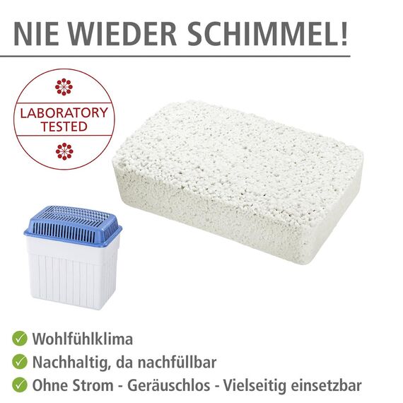 WENKO Nachfüllpack für Feuchtigkeitskiller 2kg, Granulatblock für Raumentfeuchter, fasst bis zu 2,8 l Feuchtigkeit, laborgeprüft, reduziert Schimmel & Gerüche, Weiß