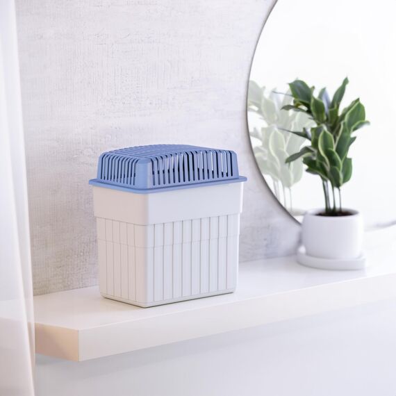 WENKO Feuchtigkeitskiller mit 2 kg Granulatblock, Raumentfeuchter, fasst bis zu 2,8 l Feuchtigkeit, laborgeprüft, nachfüllbar, reduziert Schimmel & Gerüche, 23 x 24 x 15,5 cm, Grau/Blau