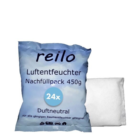 reilo 24x 450g Luftentfeuchter Granulat (Calciumchlorid), Raumluftentfeuchter im Vliesbeutel, Nachfüllpacks für Entfeuchterboxen 400 bis 1200 g, Lufttrockner für Wohnräume, Schlafzimmer, Keller
