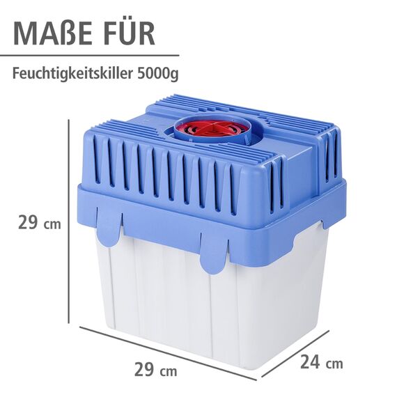 WENKO Feuchtigkeitskiller mit 5 kg Granulatblock, Raumentfeuchter, fasst bis zu 8 l Feuchtigkeit, laborgeprüft, nachfüllbar, reduziert Schimmel & Gerüche, 29 x 29 x 24 cm, Grau/Blau