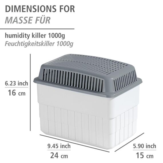 WENKO Feuchtigkeitskiller mit 2 x 1 kg Granulatblock, Raumentfeuchter, fasst bis zu 1,4 Liter Feuchtigkeit, laborgeprüft, nachfüllbar, reduziert Schimmel & Gerüche, 24 x 16 x 15 cm, Weiß/Grau