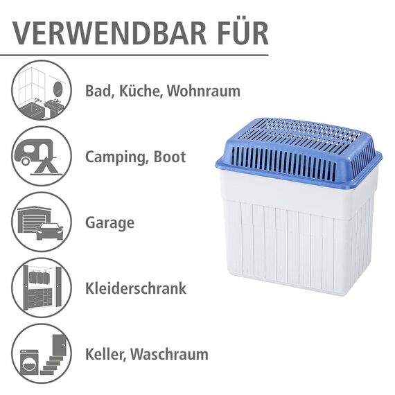 WENKO Feuchtigkeitskiller mit 2 kg Granulatblock, Raumentfeuchter, fasst bis zu 2,8 l Feuchtigkeit, laborgeprüft, nachfüllbar, reduziert Schimmel & Gerüche, 23 x 24 x 15,5 cm, Grau/Blau