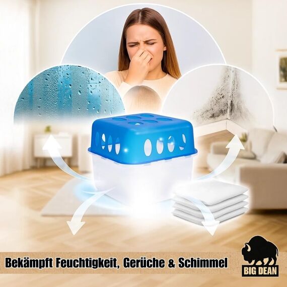 BigDean 4x Luftentfeuchter Feuchtigkeits-Stopper mit 8 x 400g Nachfüll-Beutel Granulat – Feuchtigkeitskiller Raumentfeuchter nachfüllbar + wiederverwendbar ohne Strom