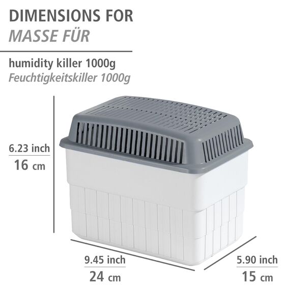 WENKO Feuchtigkeitskiller mit 2 x 1 kg Granulatblock, Raumentfeuchter, fasst bis zu 1,4 Liter Feuchtigkeit, laborgeprüft, nachfüllbar, reduziert Schimmel & Gerüche, 24 x 16 x 15 cm, Weiß/Grau