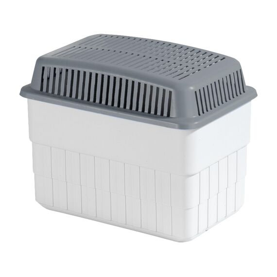 WENKO Feuchtigkeitskiller mit 2 x 1 kg Granulatblock, Raumentfeuchter, fasst bis zu 1,4 Liter Feuchtigkeit, laborgeprüft, nachfüllbar, reduziert Schimmel & Gerüche, 24 x 16 x 15 cm, Weiß/Grau
