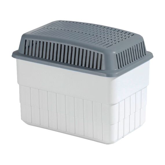 WENKO Feuchtigkeitskiller mit 2 x 1 kg Granulatblock, Raumentfeuchter, fasst bis zu 1,4 Liter Feuchtigkeit, laborgeprüft, nachfüllbar, reduziert Schimmel & Gerüche, 24 x 16 x 15 cm, Weiß/Grau