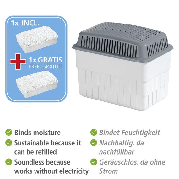 WENKO Feuchtigkeitskiller mit 2 x 1 kg Granulatblock, Raumentfeuchter, fasst bis zu 1,4 Liter Feuchtigkeit, laborgeprüft, nachfüllbar, reduziert Schimmel & Gerüche, 24 x 16 x 15 cm, Weiß/Grau