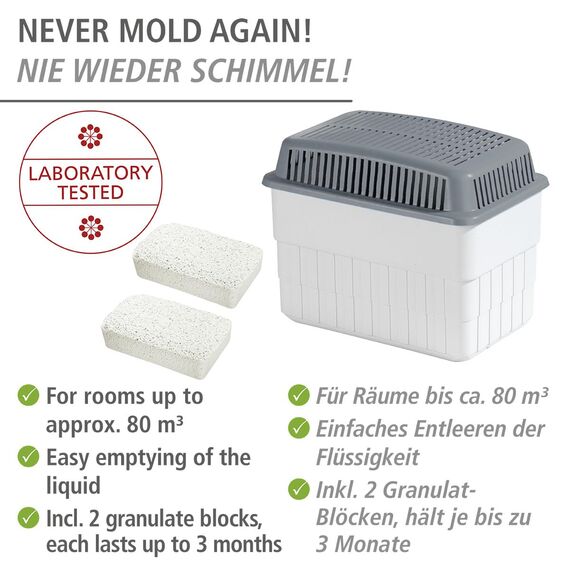 WENKO Feuchtigkeitskiller mit 2 x 1 kg Granulatblock, Raumentfeuchter, fasst bis zu 1,4 Liter Feuchtigkeit, laborgeprüft, nachfüllbar, reduziert Schimmel & Gerüche, 24 x 16 x 15 cm, Weiß/Grau