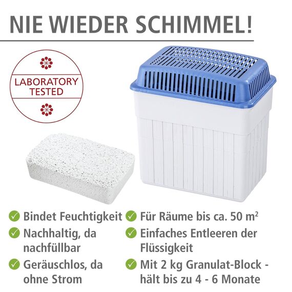 WENKO Feuchtigkeitskiller mit 2 kg Granulatblock, Raumentfeuchter, fasst bis zu 2,8 l Feuchtigkeit, laborgeprüft, nachfüllbar, reduziert Schimmel & Gerüche, 23 x 24 x 15,5 cm, Grau/Blau