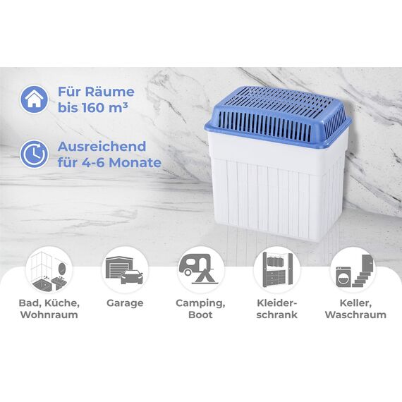 WENKO Feuchtigkeitskiller mit 2 kg Granulatblock, Raumentfeuchter, fasst bis zu 2,8 l Feuchtigkeit, laborgeprüft, nachfüllbar, reduziert Schimmel & Gerüche, 23 x 24 x 15,5 cm, Grau/Blau