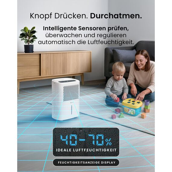 Pro Breeze Luftentfeuchter 12L in 24h Entfeuchtungsleistung - Raumgröße ca. 120m³ (~20 m²) - mit 3 Betriebsarten, Digitalanzeige, Ablaufschlauch, Timer - Gegen Feuchtigkeit, Schimmel Weiß