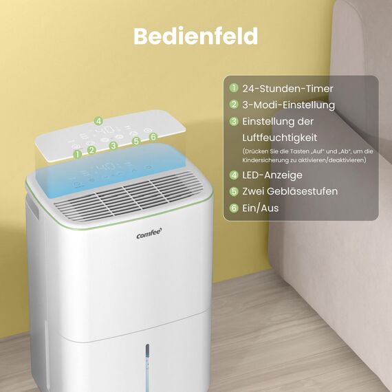 COMFEE Luftentfeuchter 10 Liter/Tag, geeignet für Räume von ca. 40 Kubikmetern (16 Quadratmetern), automatische Abtauung, Kindersicherung, Geräuschreduzierung, Kältemittel R290, CDDOE-10DEN7-QA3(EU)