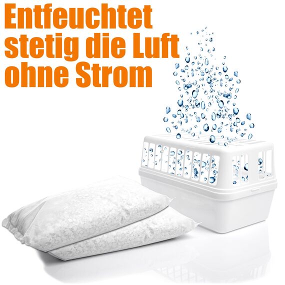 BigDean 2 Stück Luftentfeuchter + 4x 1,2kg Luftentfeuchtergranulat Nachfüllpack – Feuchtigkeits-Stopper nachfüllbar + wiederverwendbar – Luftentfeuchterbox ohne Strom