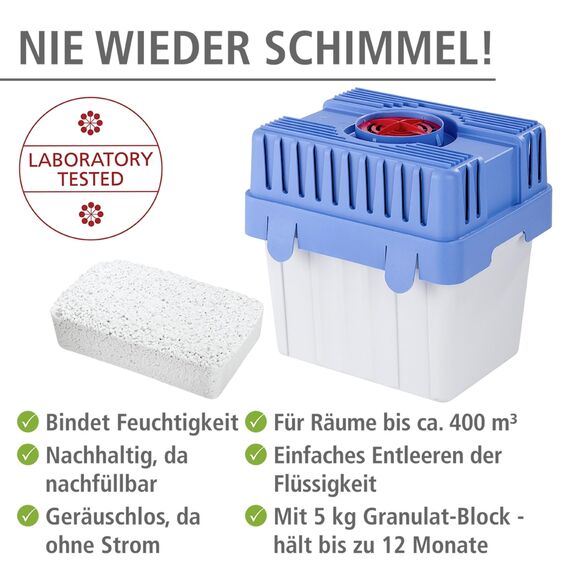 WENKO Feuchtigkeitskiller mit 5 kg Granulatblock, Raumentfeuchter, fasst bis zu 8 l Feuchtigkeit, laborgeprüft, nachfüllbar, reduziert Schimmel & Gerüche, 29 x 29 x 24 cm, Grau/Blau (Packung mit 3)