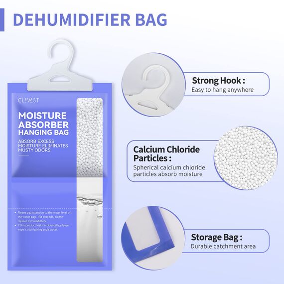 CLEVAST Luftentfeuchter Hängetaschen 10 Packungen, Feuchtigkeitsentferner Absorber, Luftentfeuchter für Feuchtigkeit, Schimmel, Kondensation in Schlafzimmer, Badezimmer, Wohnwagen, Keller, 230g