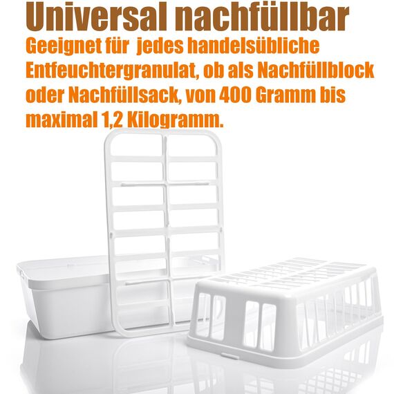 BigDean 2 Stück Luftentfeuchter + 4x 1,2kg Luftentfeuchtergranulat Nachfüllpack – Feuchtigkeits-Stopper nachfüllbar + wiederverwendbar – Luftentfeuchterbox ohne Strom
