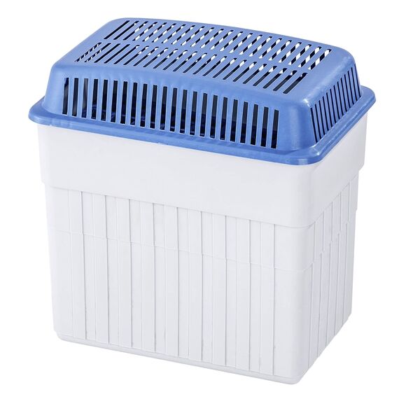 WENKO Feuchtigkeitskiller mit 2 kg Granulatblock, Raumentfeuchter, fasst bis zu 2,8 l Feuchtigkeit, laborgeprüft, nachfüllbar, reduziert Schimmel & Gerüche, 23 x 24 x 15,5 cm, Grau/Blau