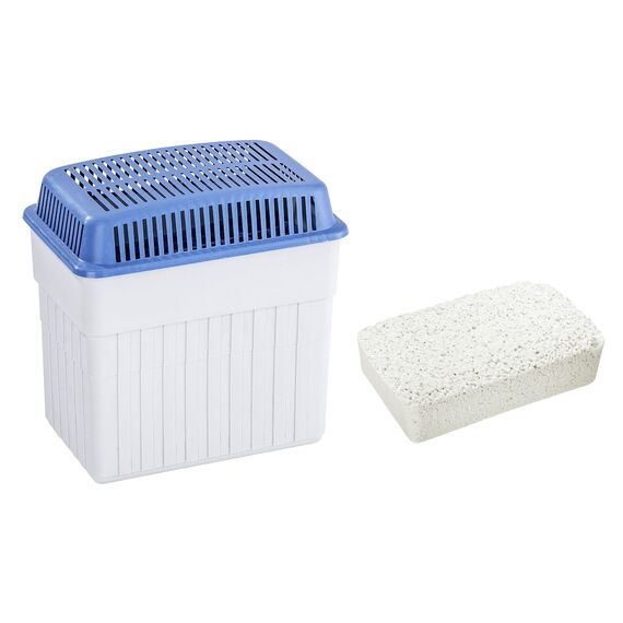 WENKO Feuchtigkeitskiller mit 2 kg Granulatblock, Raumentfeuchter, fasst bis zu 2,8 l Feuchtigkeit, laborgeprüft, nachfüllbar, reduziert Schimmel & Gerüche, 23 x 24 x 15,5 cm, Grau/Blau