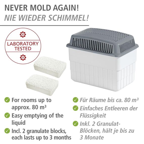 WENKO Feuchtigkeitskiller mit 2 x 1 kg Granulatblock, Raumentfeuchter, fasst bis zu 1,4 Liter Feuchtigkeit, laborgeprüft, nachfüllbar, reduziert Schimmel & Gerüche, 24 x 16 x 15 cm, Weiß/Grau