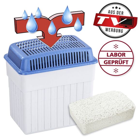 WENKO Feuchtigkeitskiller mit 2 kg Granulatblock, Raumentfeuchter, fasst bis zu 2,8 l Feuchtigkeit, laborgeprüft, nachfüllbar, reduziert Schimmel & Gerüche, 23 x 24 x 15,5 cm, Grau/Blau