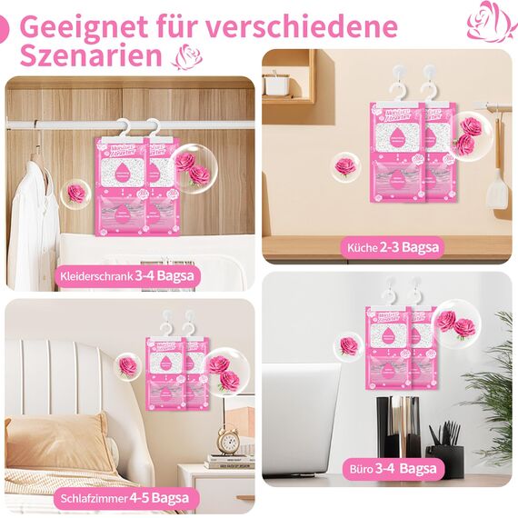 Boadw 10x230G Hänge Luftentfeuchter mit Duft, Kleiderschrank Feuchtigkeitsabsorber für Keller, Schlafzimmer, Waschräume, gegen Feuchtigkeit Anti-Schimmel Desodorierende Trockenmittel-Tasche –Rosenduft