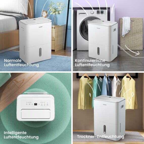 COMFEE' Luftentfeuchter Easy Dry 20L/Tag, 4 Modi, Luftbefeuchter angeschlossen, 3 L Tank, Wäschetrockner, Swing-Funktion, für Räume von 40㎡/100 m³, Weiß