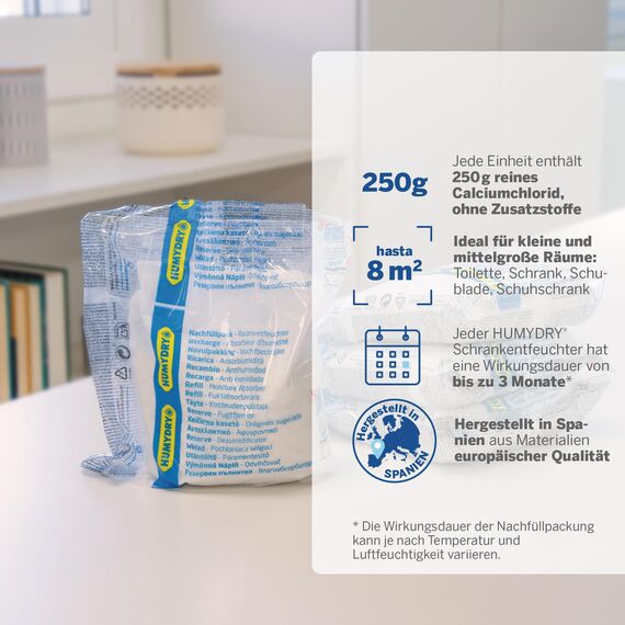 Nachfüllbeutel gegen Feuchtigkeit – Für Kompakt-Luftentfeuchter – 3x250g – Für Bad, Küche und Zuhause – Für Räume bis zu 8 m² – Duft: Neutral – Humydry