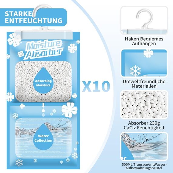 Boadw 10x230G Hänge Luftentfeuchter, Kleiderschrank Feuchtigkeitsabsorber für Keller, Schlafzimmer, Waschräume, gegen Feuchtigkeit Anti-Schimmel Desodorierende Trockenmittel-Tasche