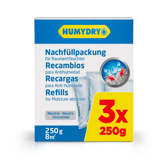 Nachfüllbeutel gegen Feuchtigkeit – Für Kompakt-Luftentfeuchter – 3x250g – Für Bad, Küche und Zuhause – Für Räume bis zu 8 m² – Duft: Neutral – Humydry