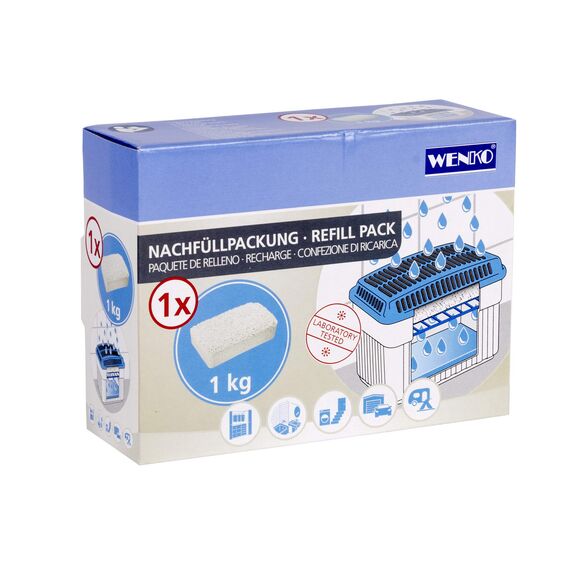 WENKO Nachfüllpack für Feuchtigkeitskiller 1kg, Granulatblock für Raumentfeuchter, fasst bis zu 1,4 l Feuchtigkeit, laborgeprüft, reduziert Schimmel & Gerüche, Weiß (Packung mit 2)