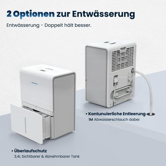 Newentor Luftentfeuchter 25L/24h, Für 215m³/80m² Räume - 3 fache Geräuschreduktion - 290W Stromsparender Chip - 10 J. Gar. - Für Keller, Bad - Mit 1M Ablaufschlauch &Abnehmbarem Filter, Timer